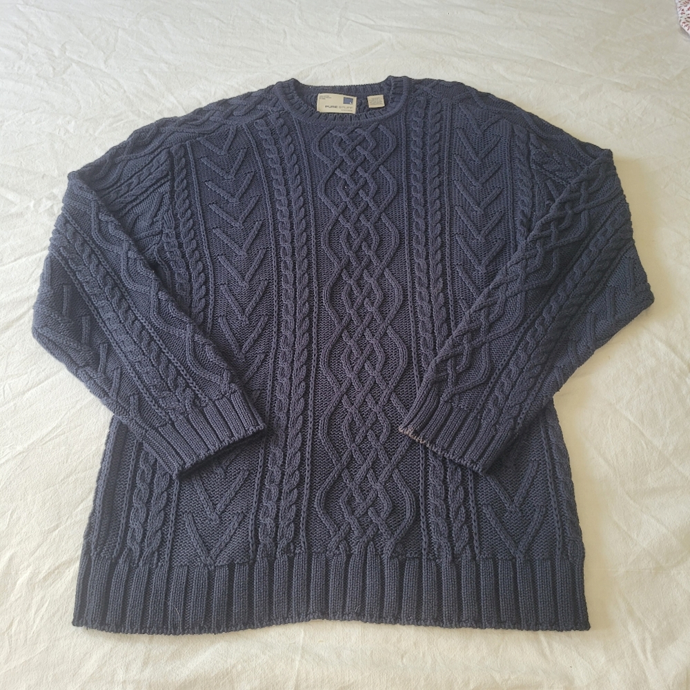 Nordstrom Pure Stuff Cableknit Crewneck Sweater Mens Large Navy Blue 100% Cotton